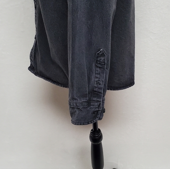 VINTAGE 80s Black Denim Contrast Hood Long Sleeve Button Up Grunge Jacket Medium - Picture 9 of 12